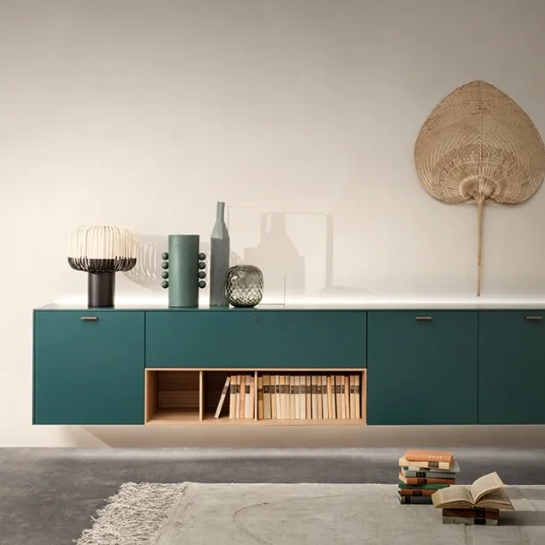 Suspended cabinet LT40 system in matte lacquered Ash green by Lema