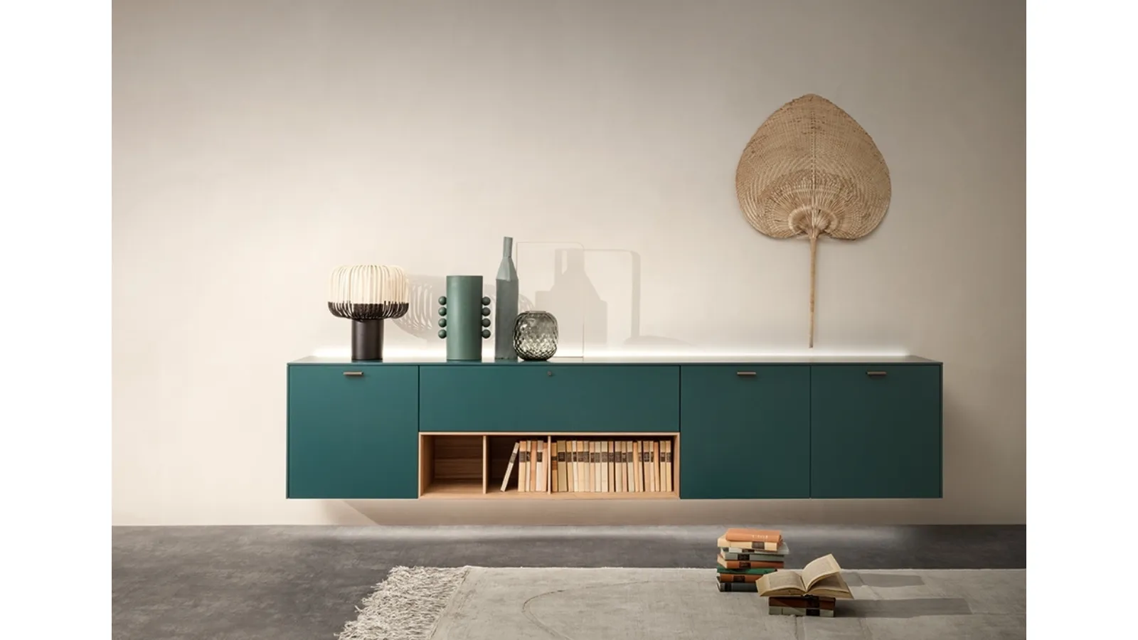 Suspended cabinet LT40 system in matte lacquered Ash green by Lema