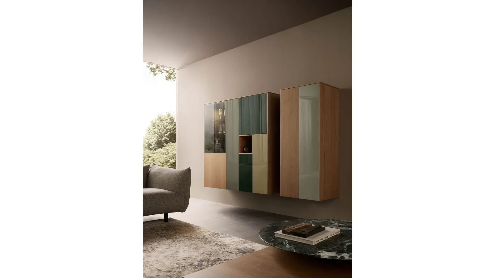 Suspended Cabinet LT40 Mix System Glossy Lacquered and Lema Wood