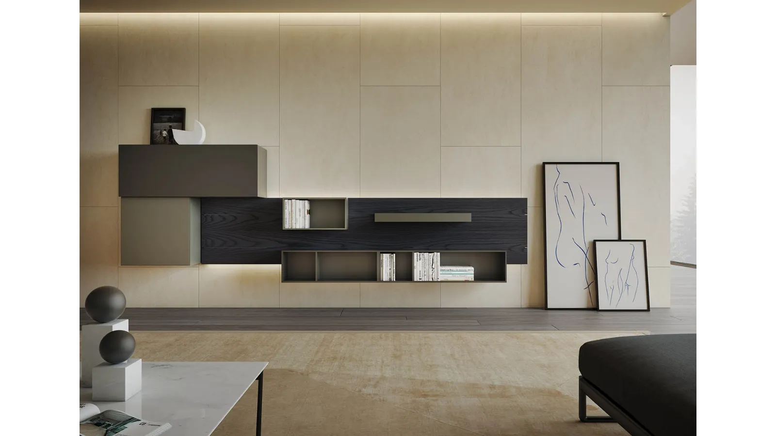 Suspended furniture Sorvolo D 04 in lava elm, lacquered in visone and sand by Fimar