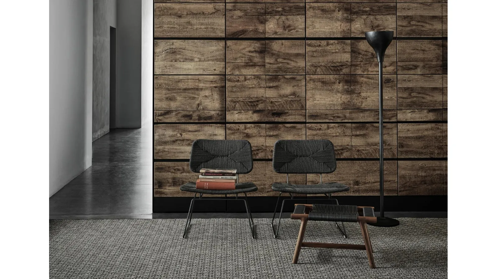 Metal armchair with Echoes woven cord backrest and seat by Flexform
