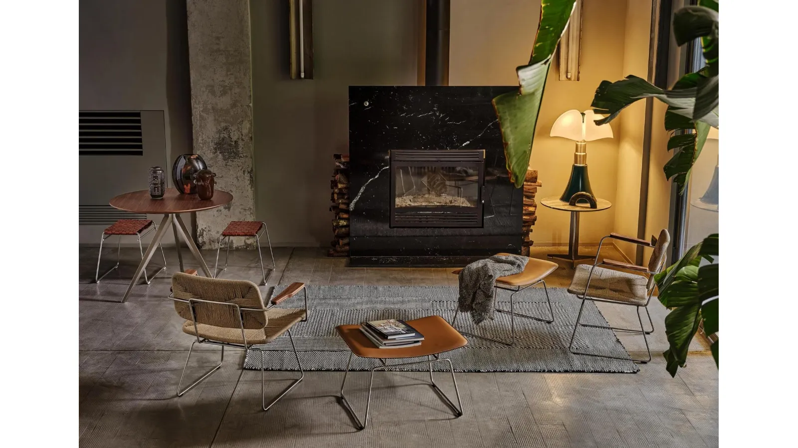 Metal armchair with Echoes braided cord backrest and seat by Flexform
