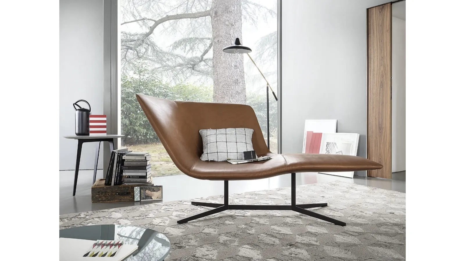 Asymmetric leather armchair with metal structure Eydo by Lema