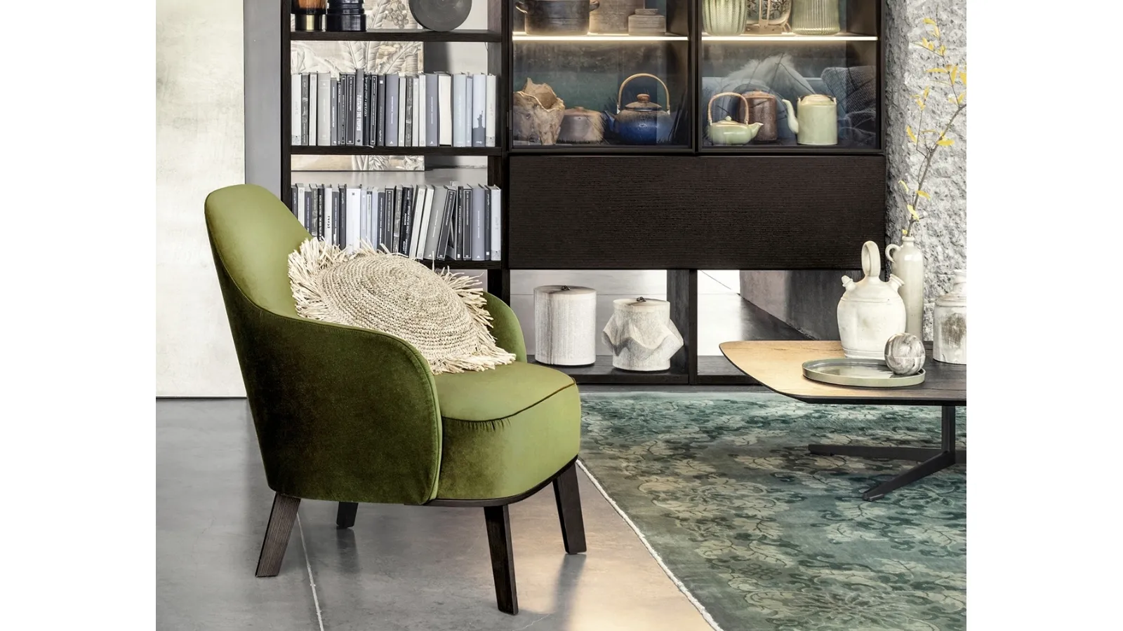 Classic armchair in fabric and leather with Fantino wooden structure by Lema