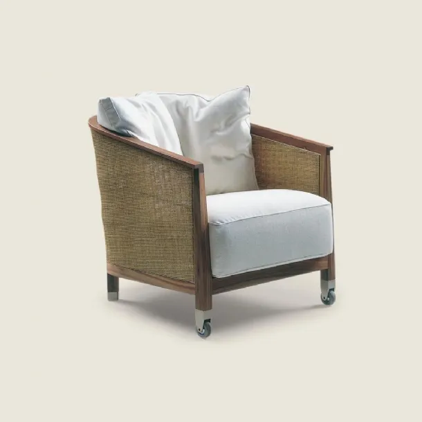Mozart armchair in fabric with a wooden and rattan structure by Flexform