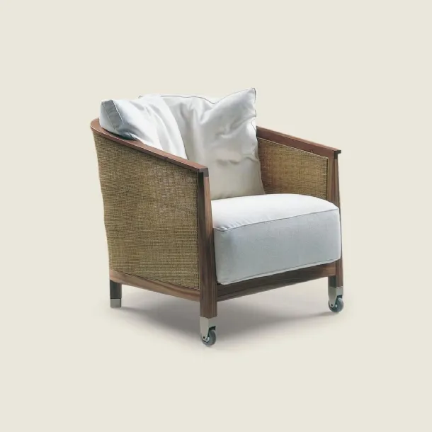 Mozart armchair in fabric with a wooden and rattan structure by Flexform