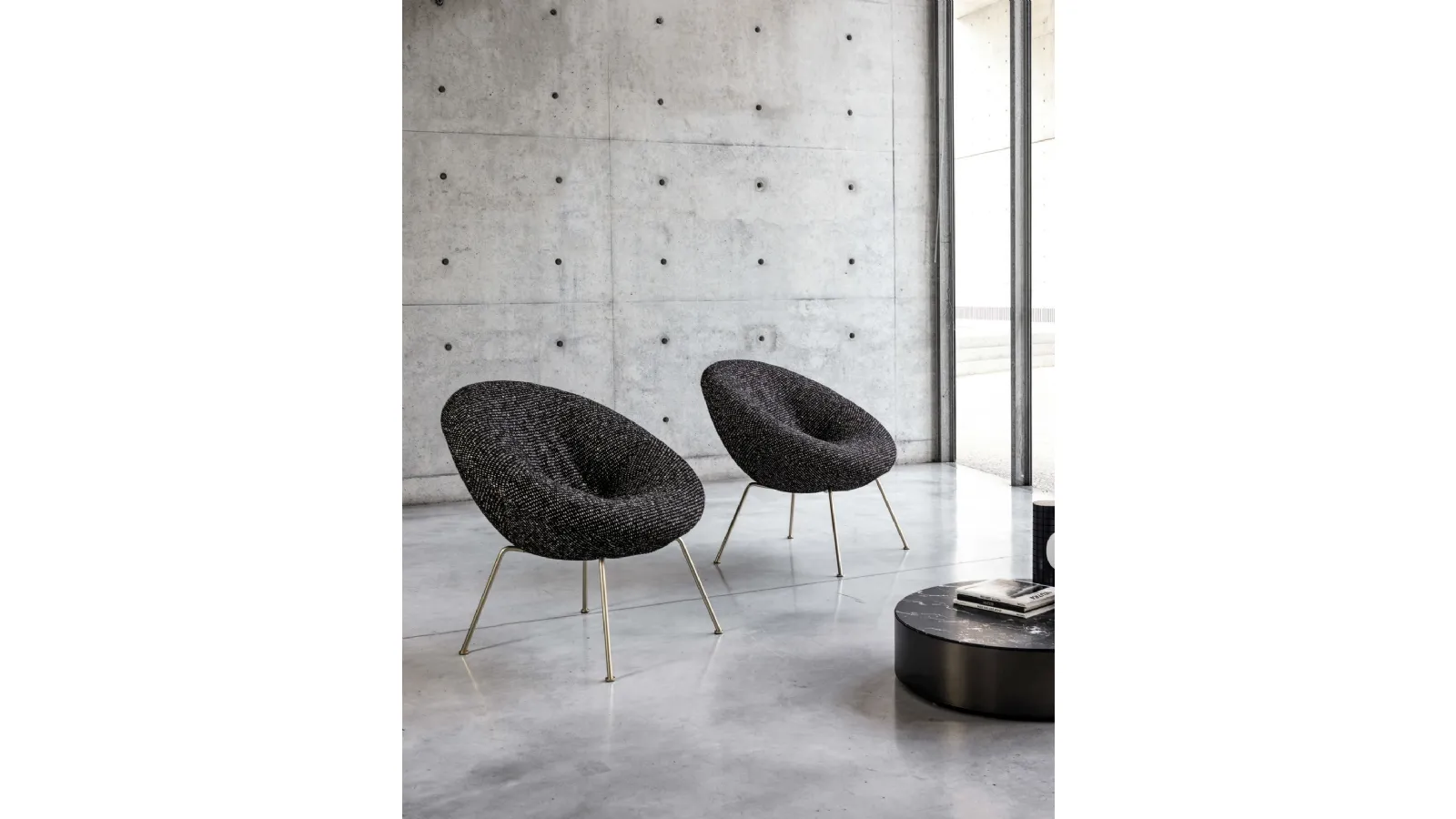 Nest Soft upholstered fabric designer armchair with gold-finish metal legs by Desirèe
