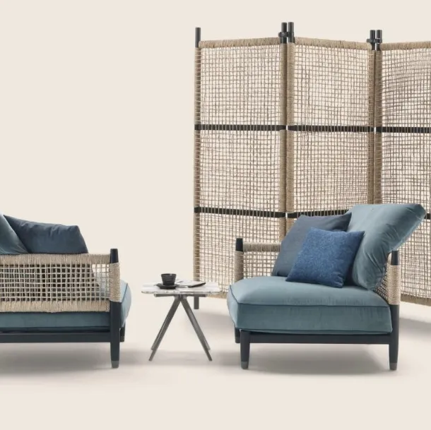 Parker armchair in upholstered fabric, solid wood, and river reed by Flexform