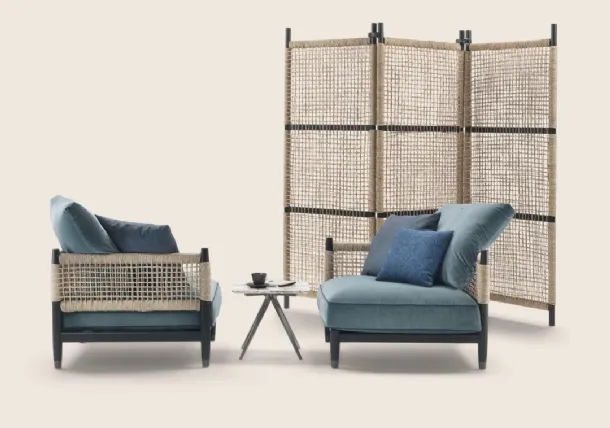 Parker armchair in upholstered fabric, solid wood, and river reed by Flexform
