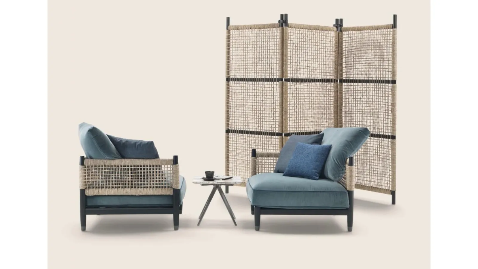Parker armchair in upholstered fabric, solid wood, and river reed by Flexform