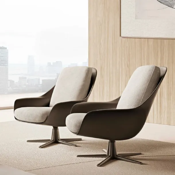 Leather armchair with upholstered fabric cushions and a swivelling aluminum base, Sveva by Flexform