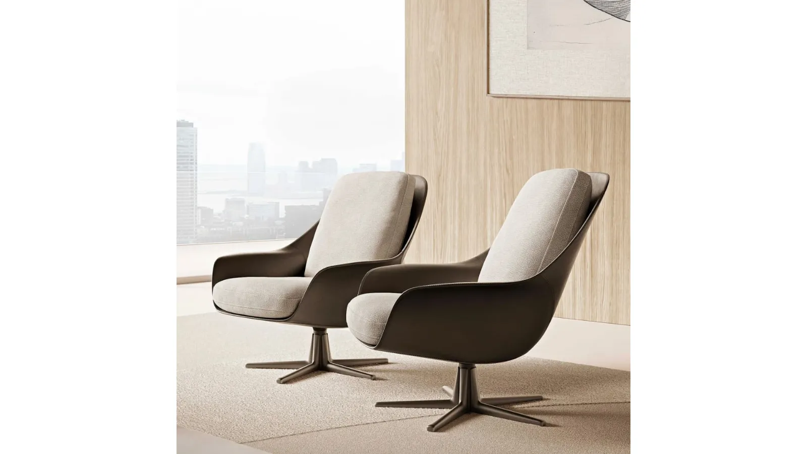 Leather armchair with upholstered fabric cushions and a swivelling aluminum base, Sveva by Flexform