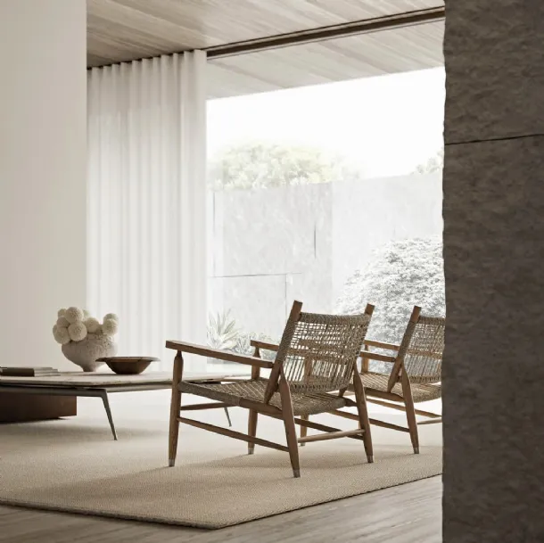 Tessa armchair in solid wood and twisted river reed by Flexform