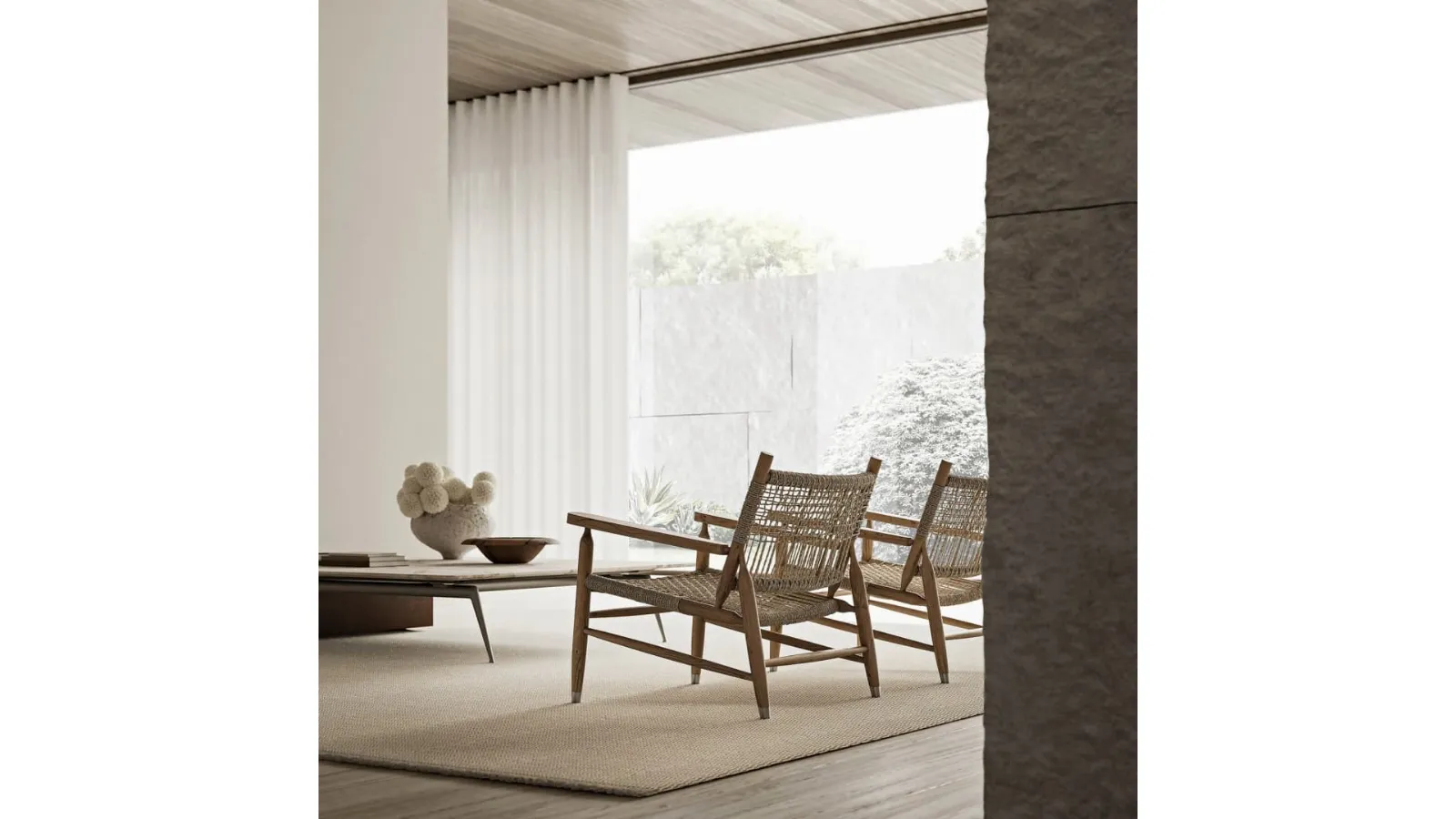 Tessa armchair in solid wood and twisted river reed by Flexform