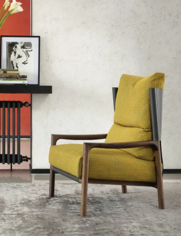 Vera Bergere Armchair in fabric, leather, and wood by Porada