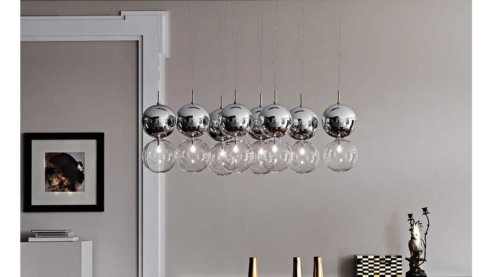 Two-color sphere pendant lamp, chrome and transparent, Apollo by Cattelan Italia