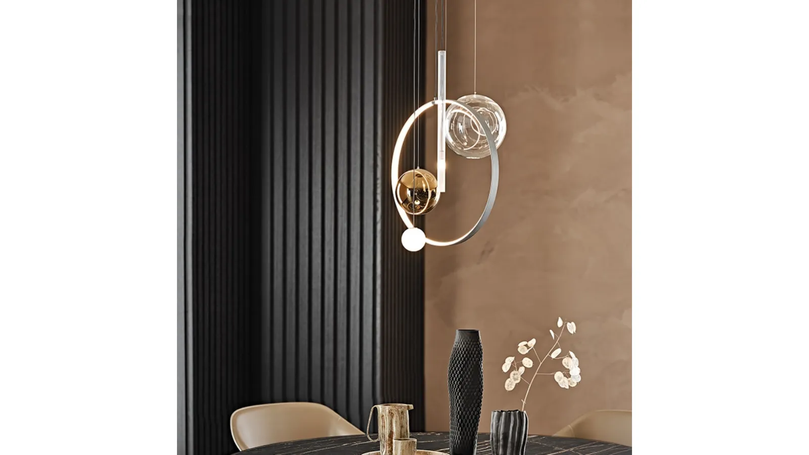 Biarritz pendant lamp by Cattelan Italia with a steel structure and transparent, bronze, and frosted borosilicate glass shades