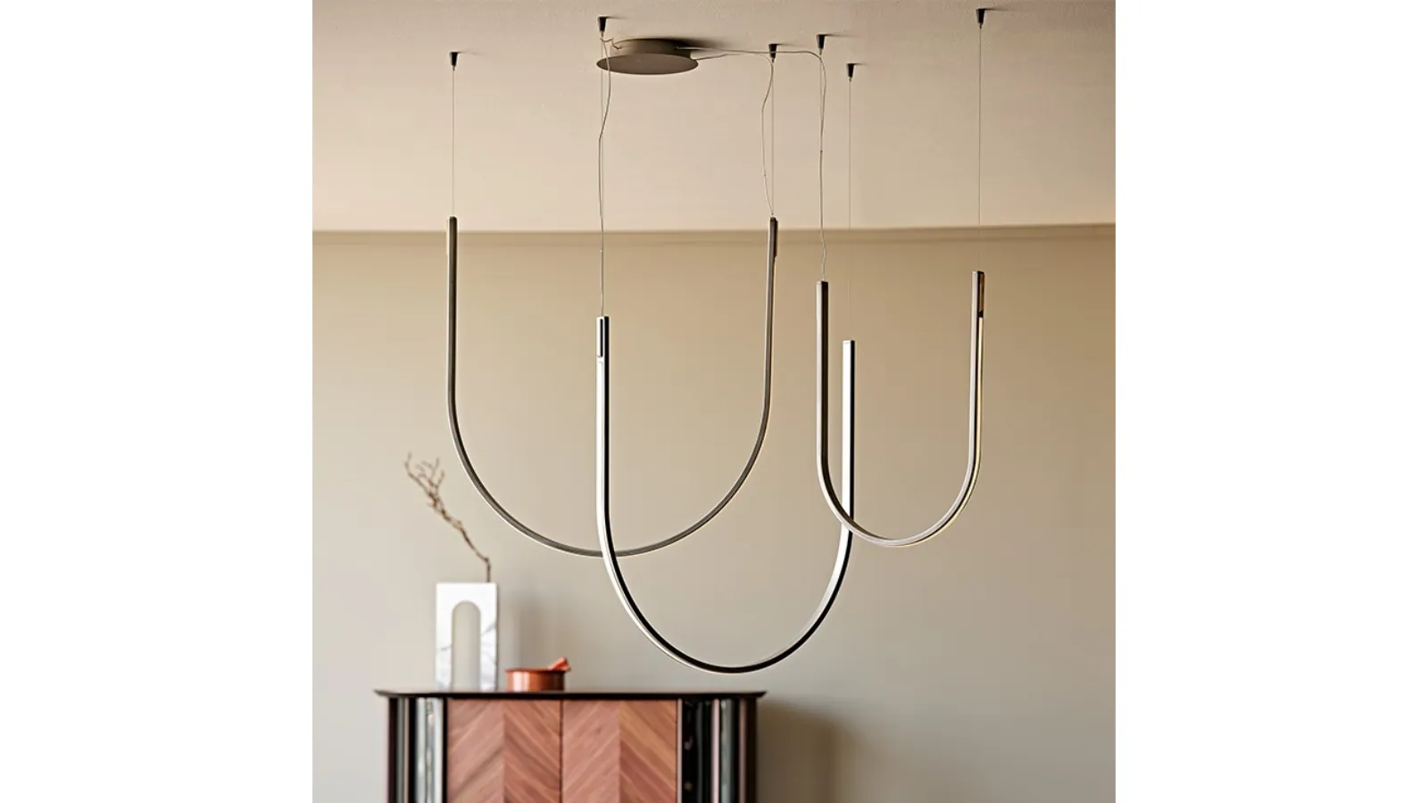 Suspended lamp with a structure in iron grey satin painted steel and brass details Nahun by Cattelan Italia