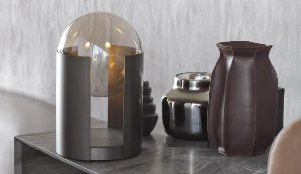 Softwing table lamp in steel, glass, and leather by Natevo