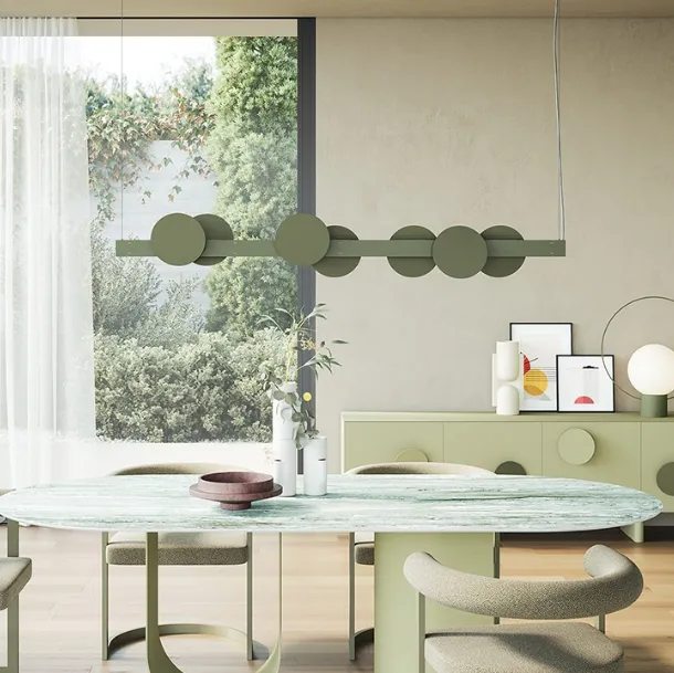 Sundown pendant lamp consisting of a painted metal bar and decorative magnetic elements in metal by Ronda Design
