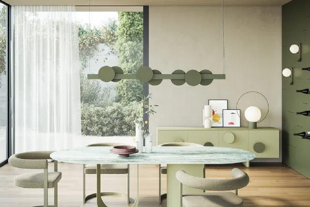 Sundown pendant lamp consisting of a painted metal bar and decorative magnetic elements in metal by Ronda Design