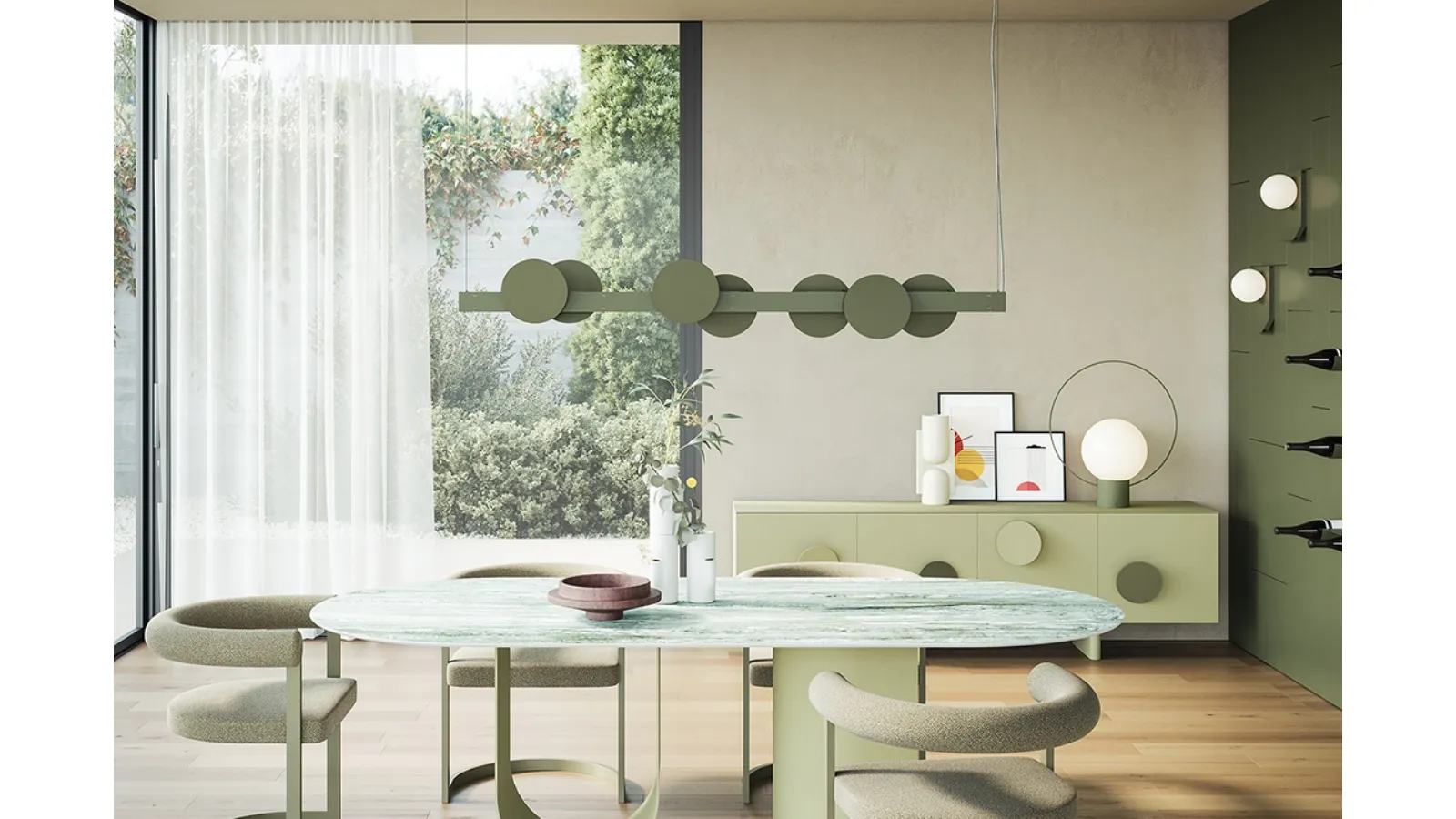 Sundown pendant lamp consisting of a painted metal bar and decorative magnetic elements in metal by Ronda Design