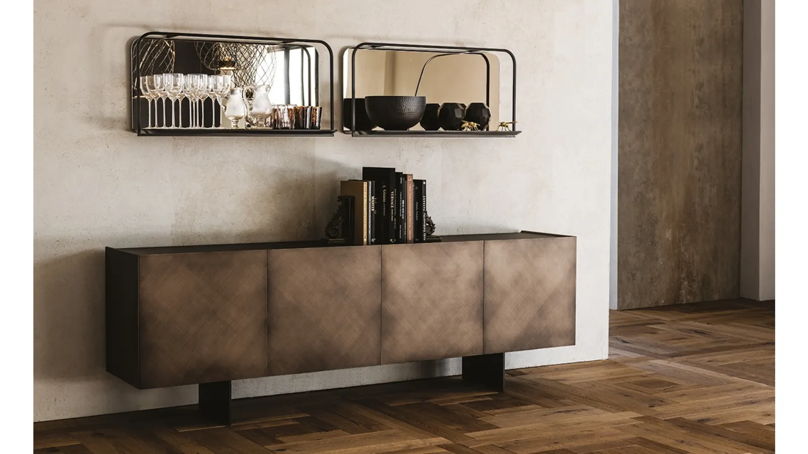 Madia Arizona in Brushed Bronze wood with moka acid-etched extra-clear glass top by Cattelan Italia