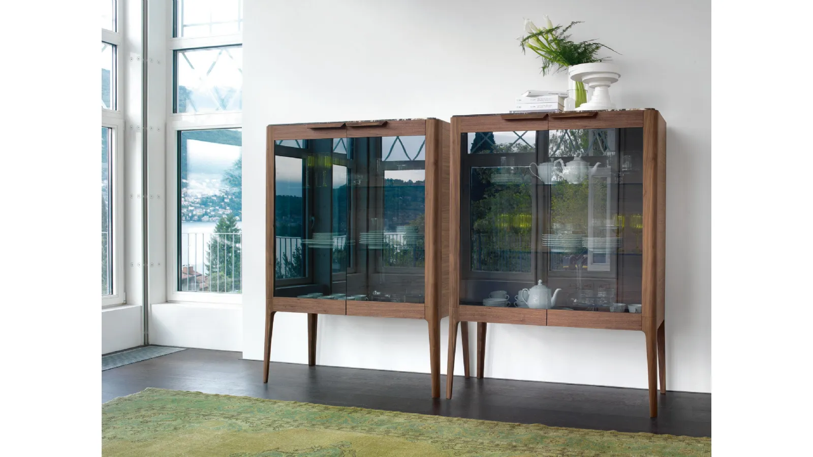 Madia Atlante 02 in canaletto walnut and glass by Porada
