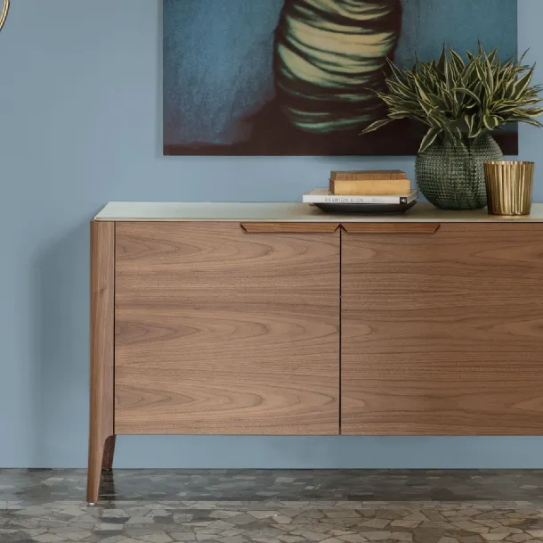 Madia with two doors in canaletto walnut and Atlante 05 back-painted glass top by Porada