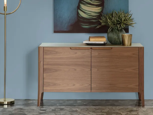 Madia with two doors in canaletto walnut and Atlante 05 back-painted glass top by Porada