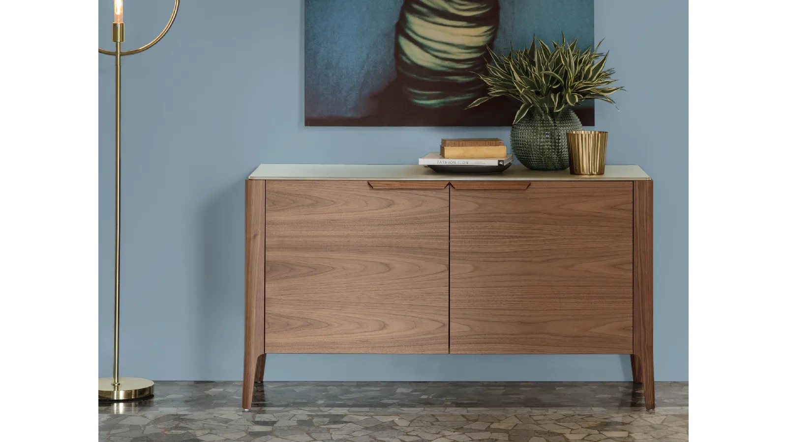 Madia with two doors in canaletto walnut and Atlante 05 back-painted glass top by Porada