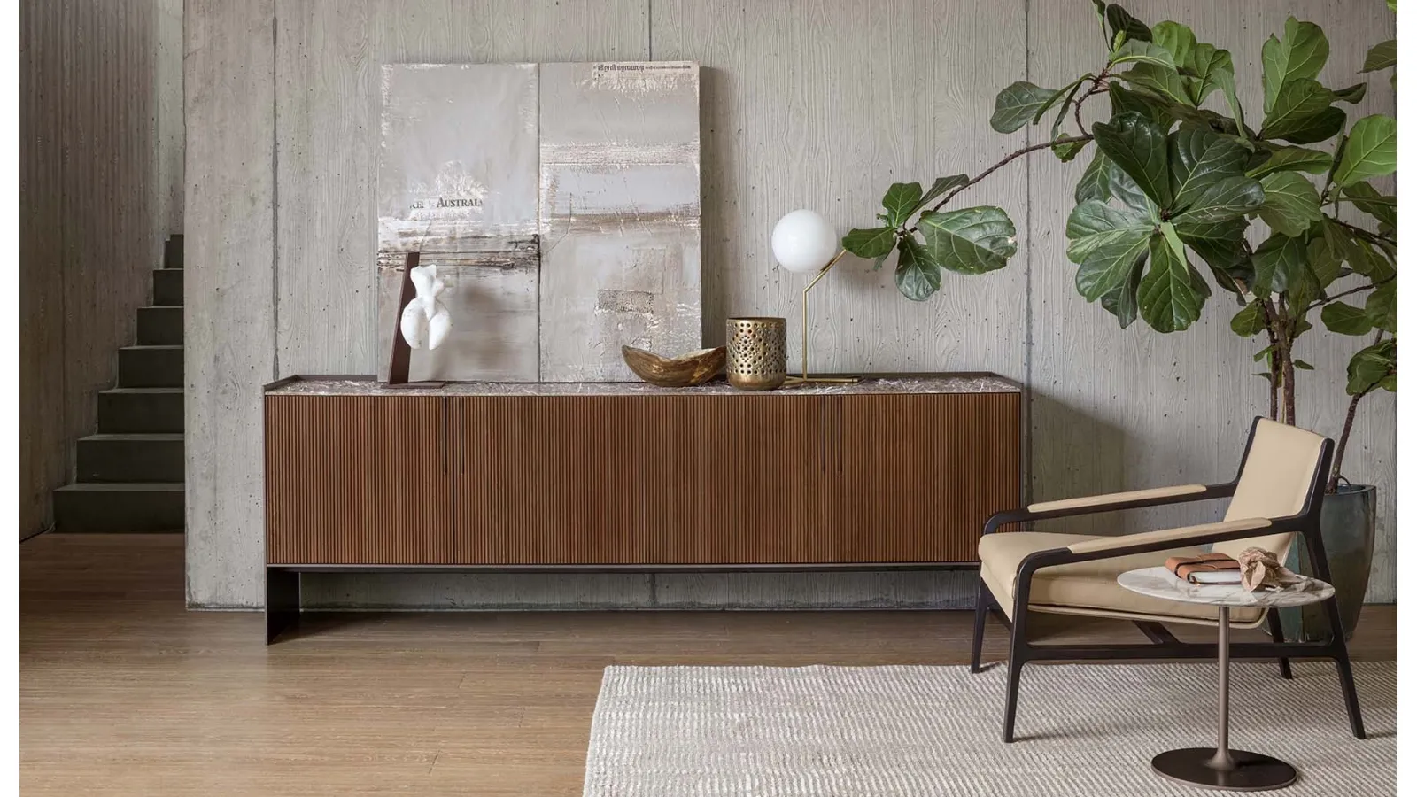 Madia Bristol with canaletto walnut canneté doors and Alivar marble top