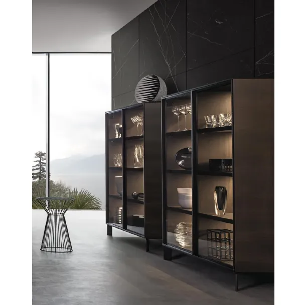 Tall Madia Frame Sideboard in Wood with Glass Doors by Giellesse