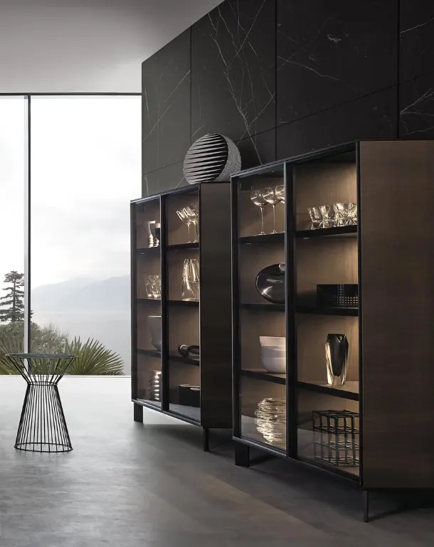 Tall Madia Frame Sideboard in Wood with Glass Doors by Giellesse