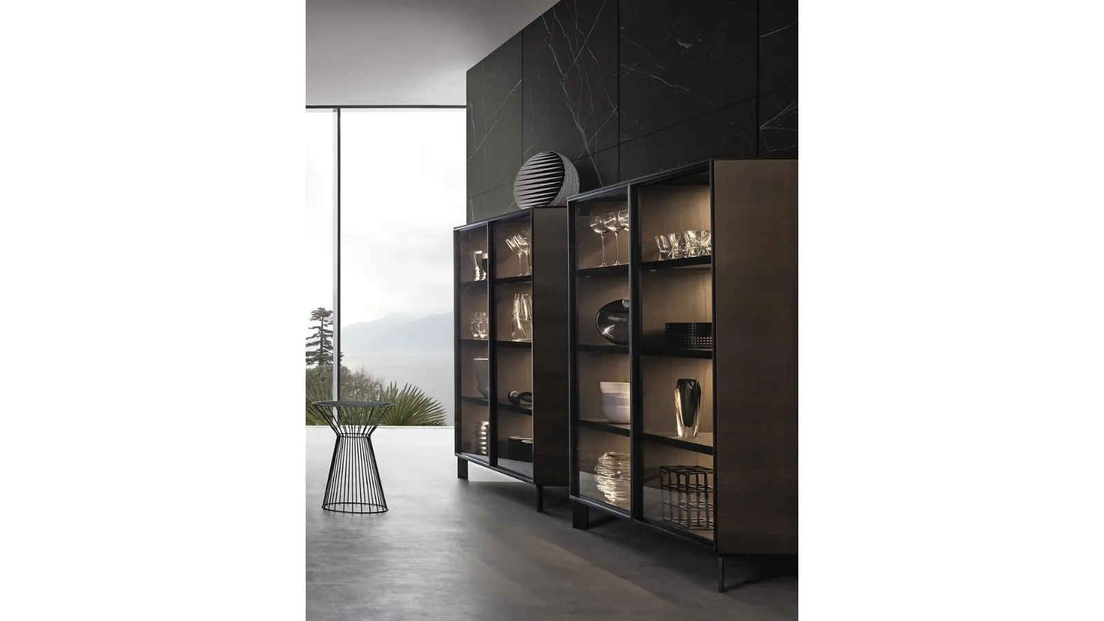 Tall Madia Frame Sideboard in Wood with Glass Doors by Giellesse