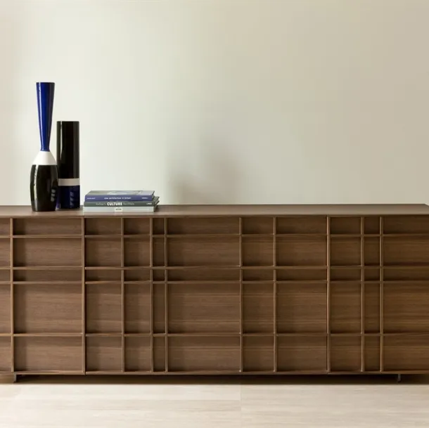 Design sideboard with decorative motif entirely made of solid canaletto walnut and Kilt metal base by Porada