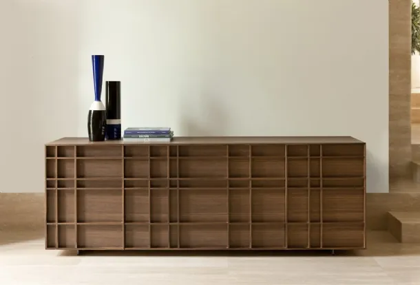 Design sideboard with decorative motif entirely made of solid canaletto walnut and Kilt metal base by Porada
