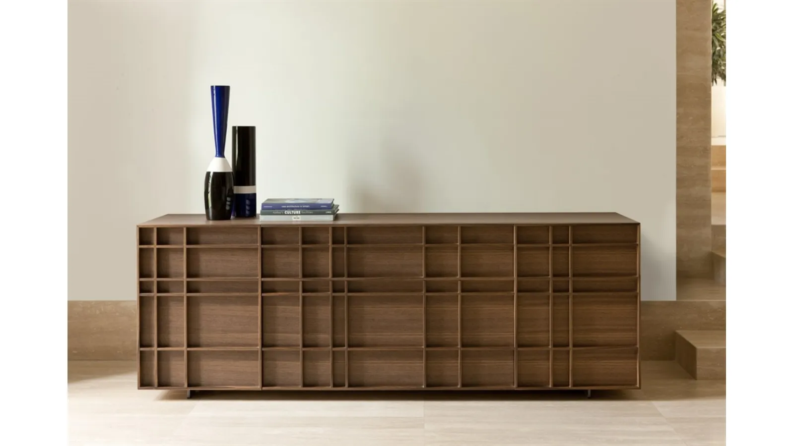 Design sideboard with decorative motif entirely made of solid canaletto walnut and Kilt metal base by Porada