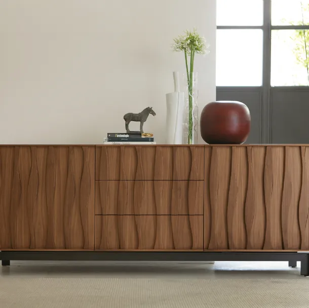 Solid wood sideboard with front decoration and metal base Masai by Porada