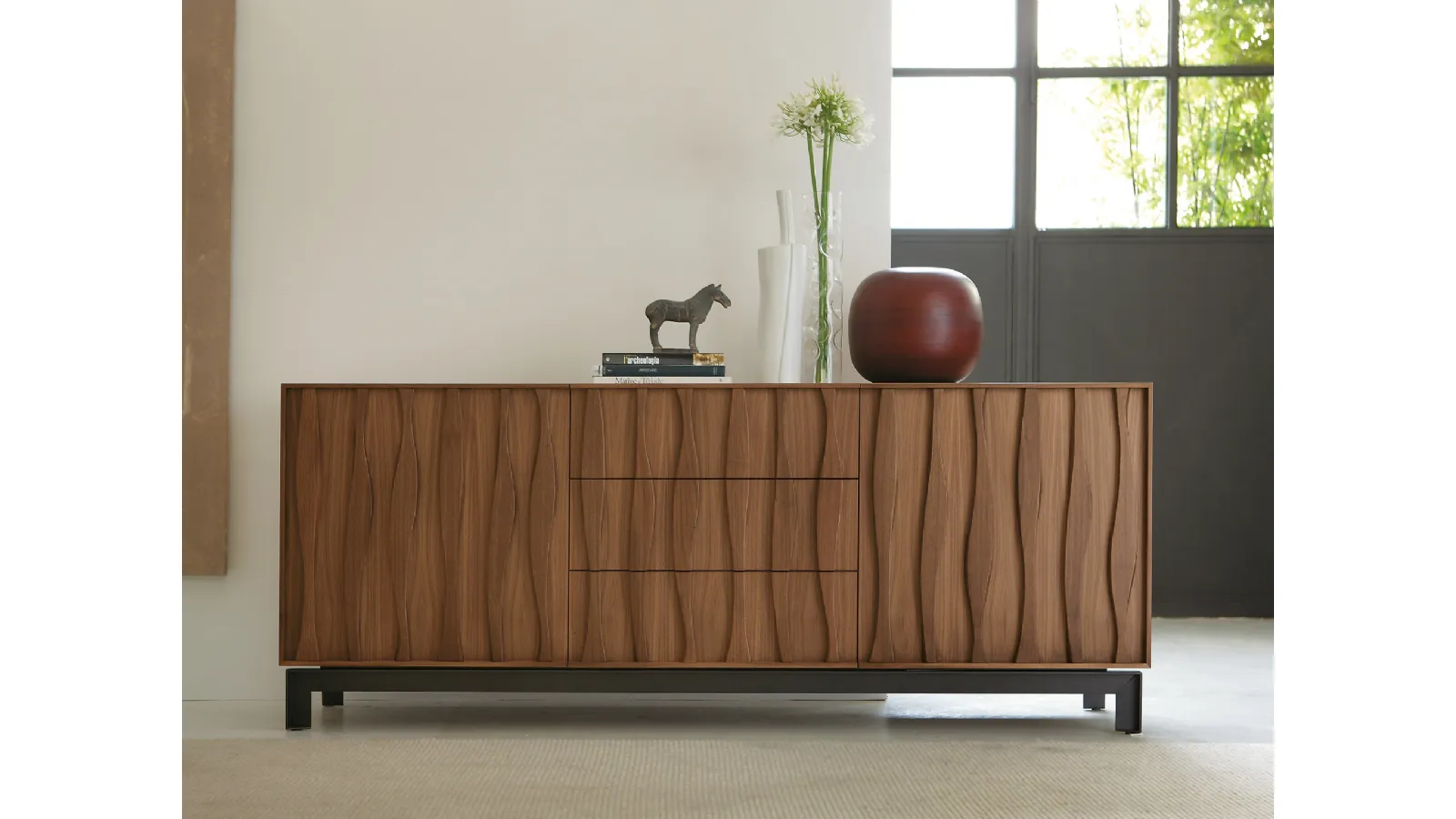 Solid wood sideboard with front decoration and metal base Masai by Porada