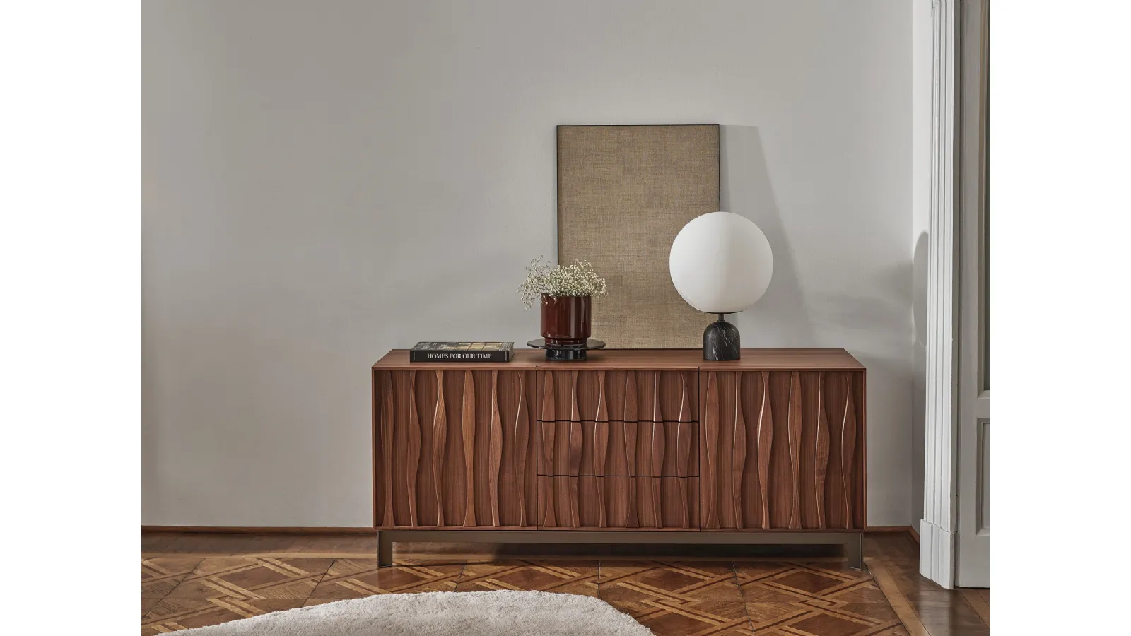 Solid wood sideboard with front decoration and metal base Masai by Porada