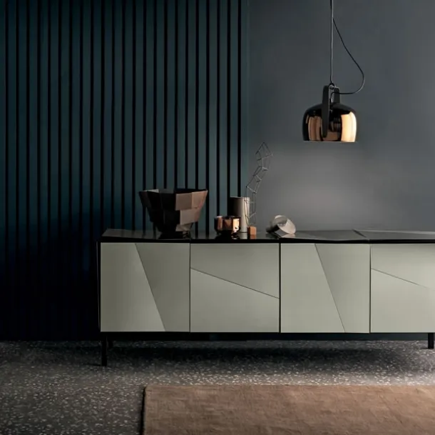 Lacquered glass Madia with doors, top and sides made with concave and convex panels by Tonelli
