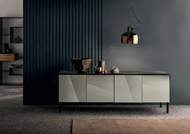 Lacquered glass Madia with doors, top and sides made with concave and convex panels by Tonelli