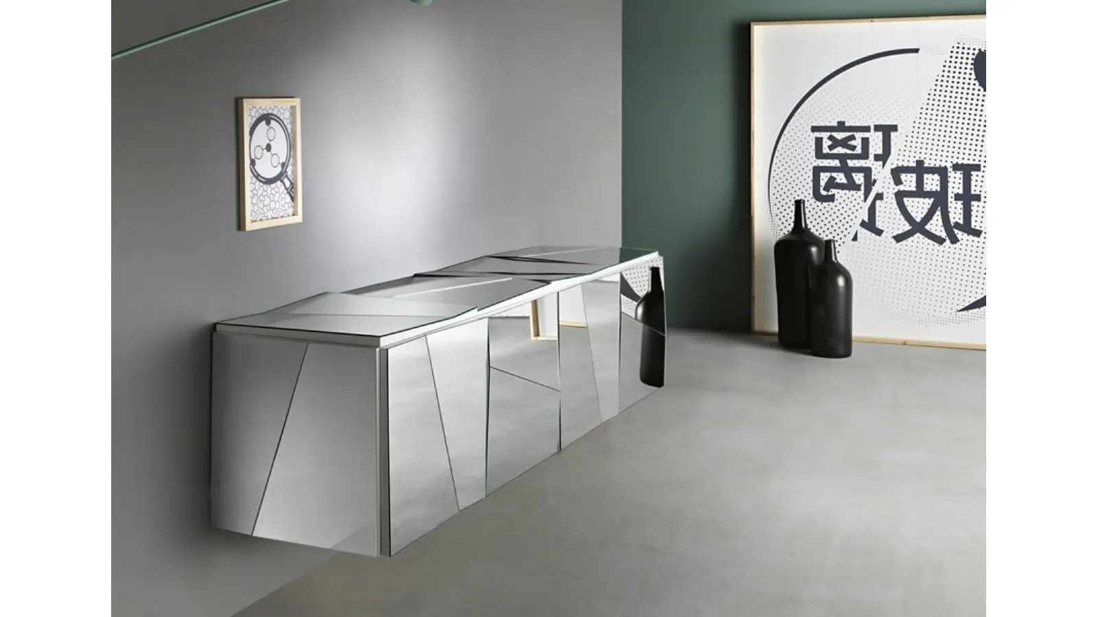 Wall-mounted Madia with mirrored glass doors, top and sides made with concave and convex panels by Tonelli