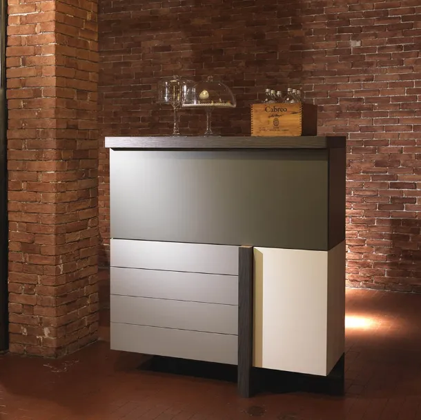 Madia T Line with flip door in matte lacquer winter, pumice and quartz with thickness and top in lead elm from Fimar