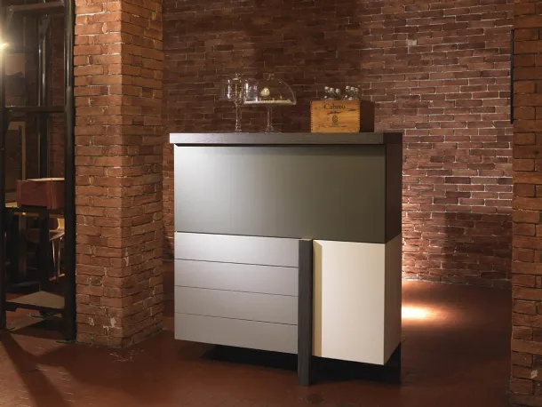 Madia T Line with flip door in matte lacquer winter, pumice and quartz with thickness and top in lead elm from Fimar