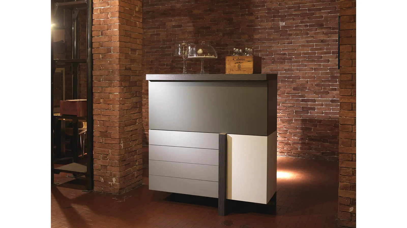 Madia T Line with flip door in matte lacquer winter, pumice and quartz with thickness and top in lead elm from Fimar