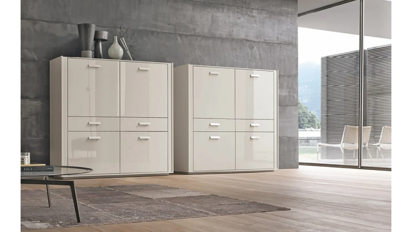 Tall Madia with a glossy white lacquered finish by Alivar