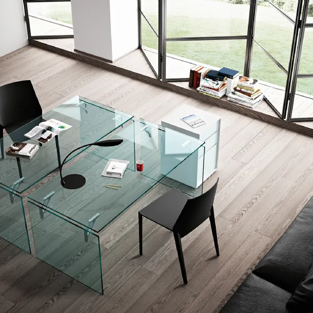 Tempered glass office desk with aluminum and steel mounting supports by Fiam Bright