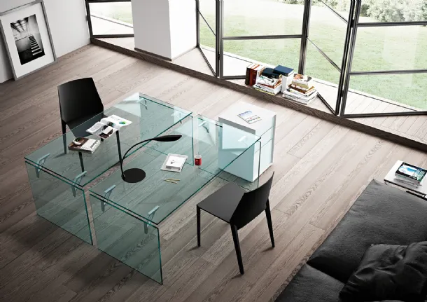 Tempered glass office desk with aluminum and steel mounting supports by Fiam Bright